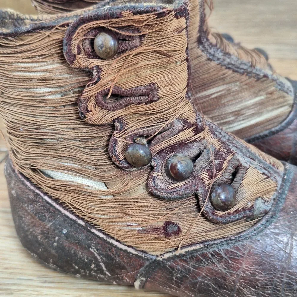 Antique Victorian Baby Boots High-Top Button Brown Leather Textile Pair Vintage